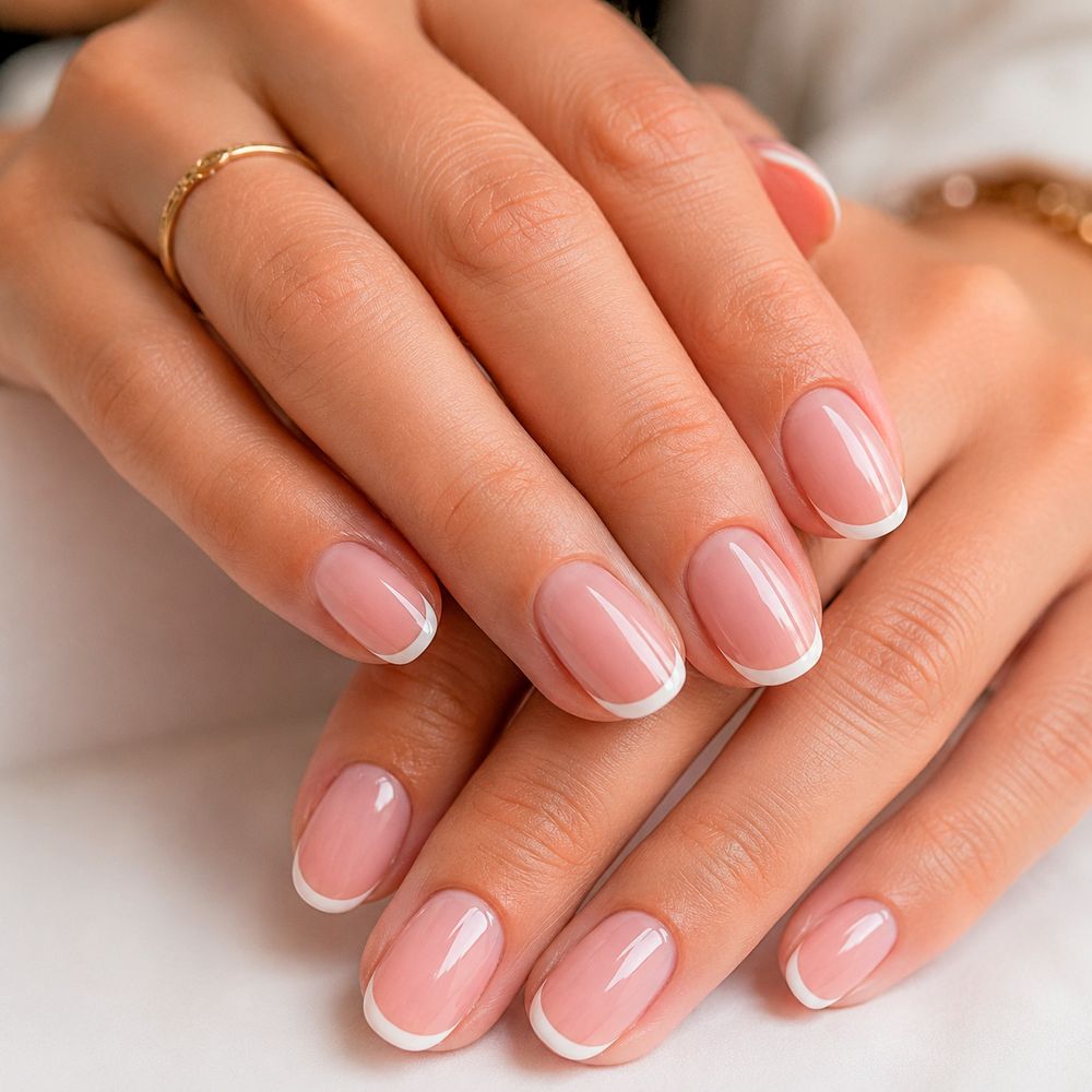 Manicura semipermanente con francesa fina sobre base nude