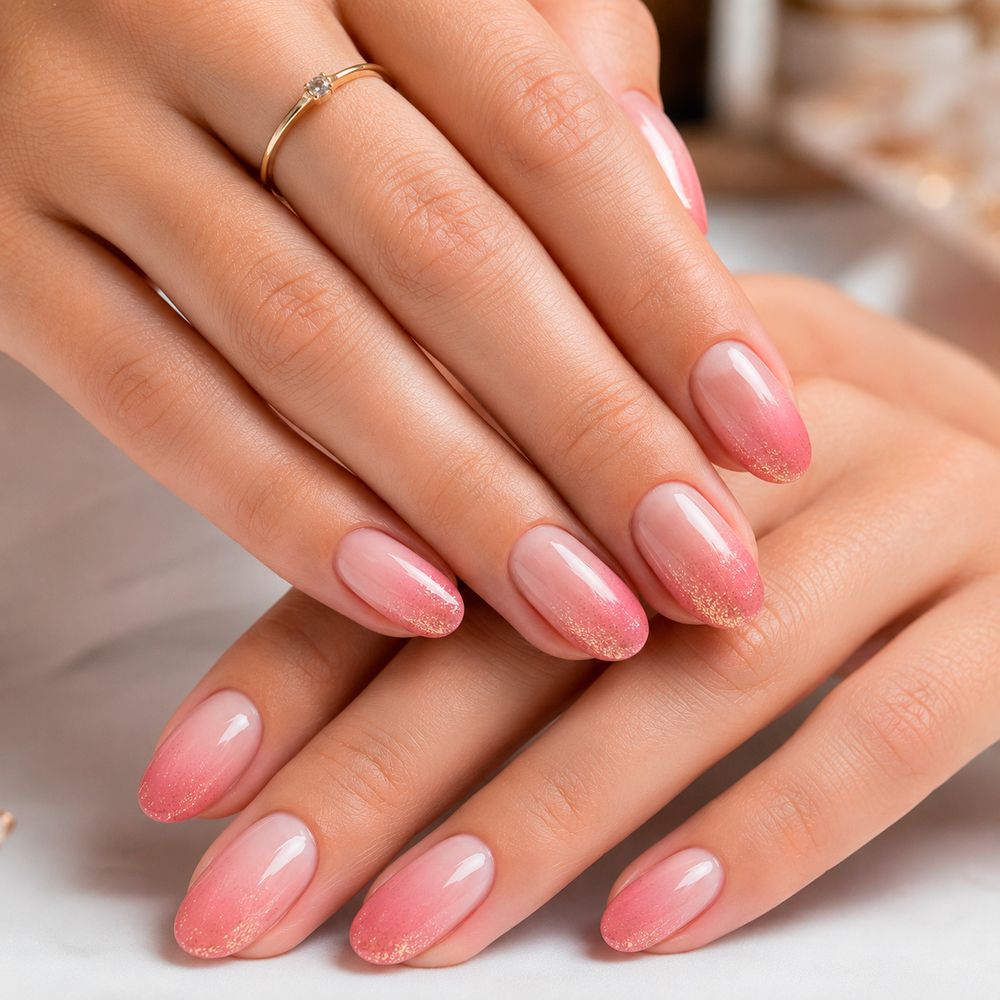 Manicura semipermanente con efecto ombré difuminado en tonos rosados y dorados